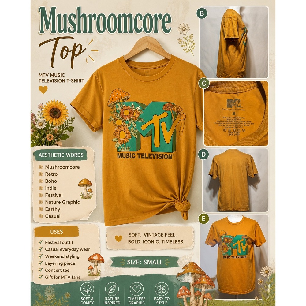 MTV Graphic Tee Mustard Yellow Sunflower Mushroom Retro Music T-Shirt S Boho